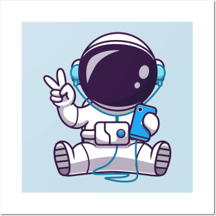 Astronaut Listening Music With Headphone And Peace Hand  Cartoon Posters and Art